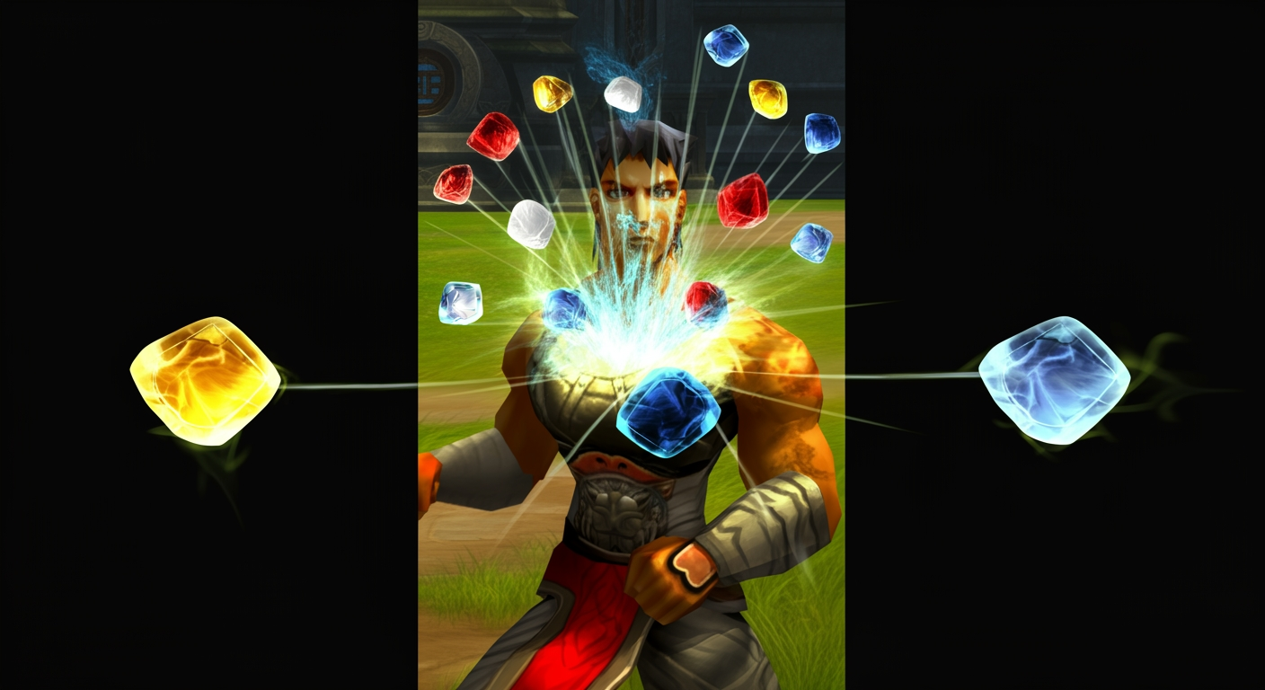 Metin2 Dragon Stones of four types hovering above Dragon God Armor showing the slot enhancement system