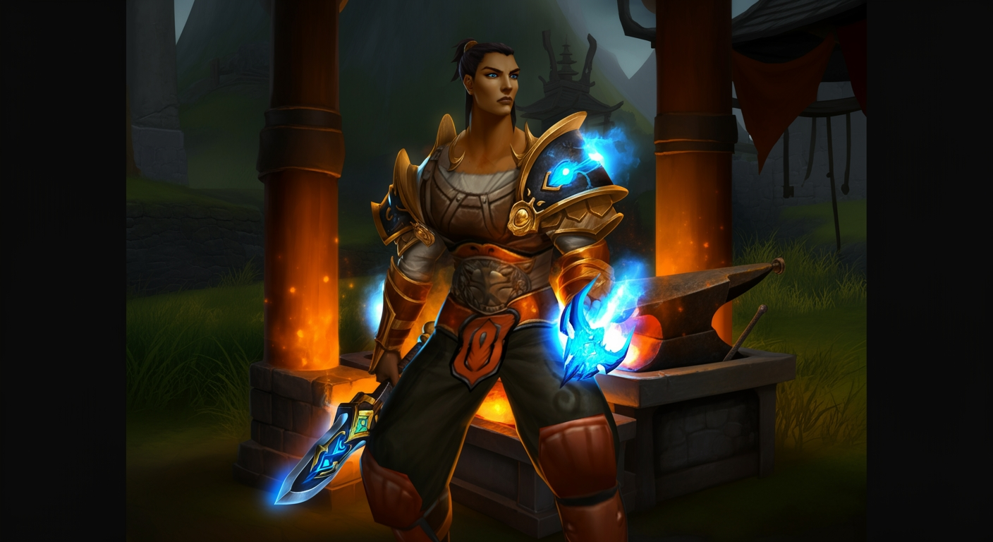 Metin2 warrior upgrading glowing weapons and Dragon God Armor at a blacksmith forge